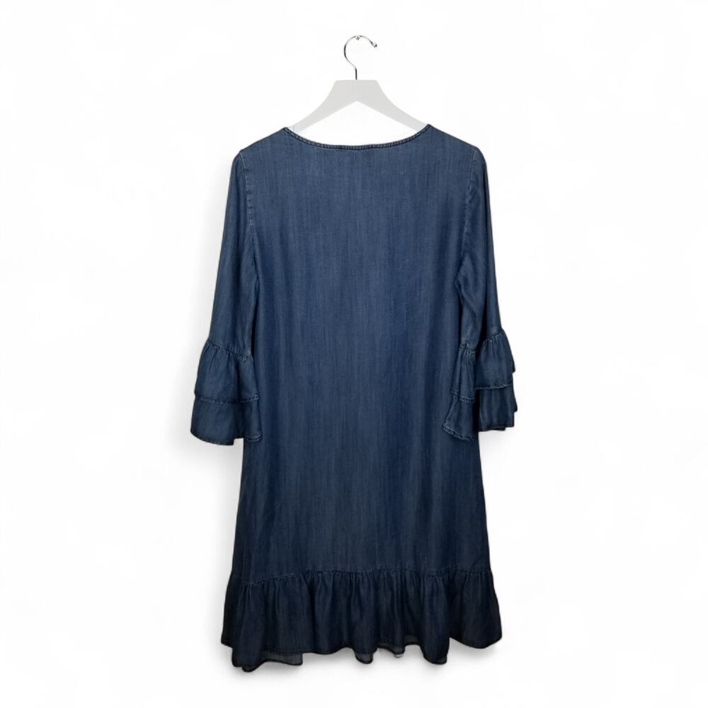 Carré Noir Denim Chambray Dress Ruffled Hem and Cuffs Scoop Neck - Medium - Picture 4 of 6